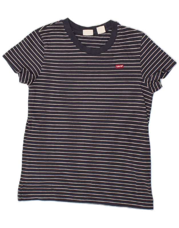 LEVI'S Womens Loose Fit T-Shirt Top UK 6 XS Navy Blue Striped Cotton-- Zippered Front Buttoned Front Snap Front LEVI'S Womens Loose Fit T-Shirt Top UK 6 XS Navy Blue Striped Cotton-- Zippered Front Buttoned Front Snap Front