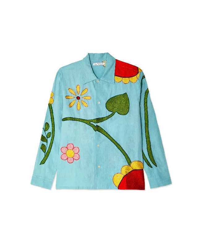 Boticelli Embroidered Flower Shirt - Light Blue-- Satin Fabric Silk Fabric Chiffon Fabric Boticelli Embroidered Flower Shirt - Light Blue-- Satin Fabric Silk Fabric Chiffon Fabric
