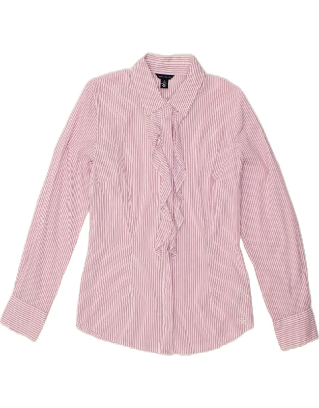 TOMMY HILFIGER Womens Ruffle Front Shirt UK 12 Medium Pink Striped Cotton-- Cashmere Blend Cotton Blend Poly Blend TOMMY HILFIGER Womens Ruffle Front Shirt UK 12 Medium Pink Striped Cotton-- Cashmere Blend Cotton Blend Poly Blend