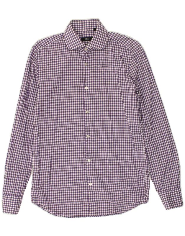 HUGO BOSS Mens Slim Fit Shirt Size 38 15 Medium Purple Gingham Cotton-- Zippered Front Buttoned Front Snap Front HUGO BOSS Mens Slim Fit Shirt Size 38 15 Medium Purple Gingham Cotton-- Zippered Front Buttoned Front Snap Front