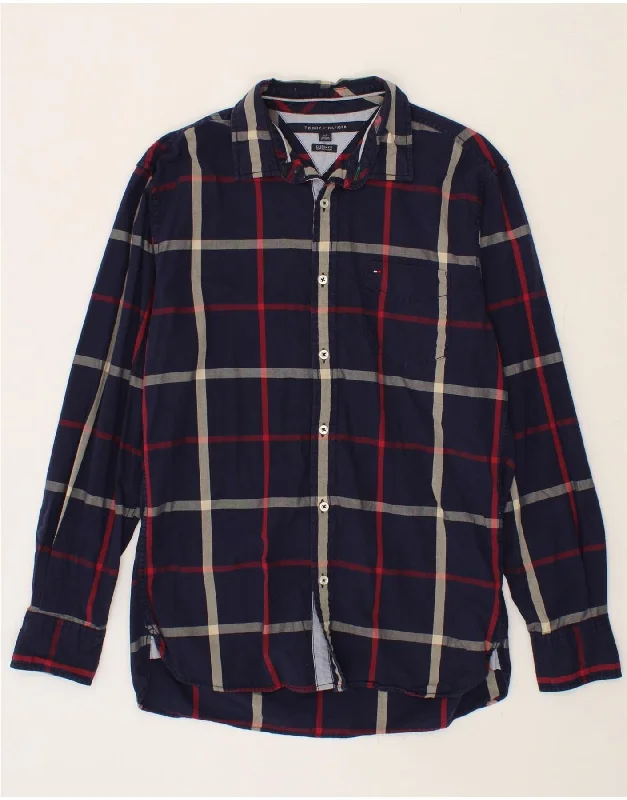 TOMMY HILFIGER Mens Custom Fit Shirt Large Navy Blue Check Cotton-- Terry Blend Velvet Blend Canvas Blend TOMMY HILFIGER Mens Custom Fit Shirt Large Navy Blue Check Cotton-- Terry Blend Velvet Blend Canvas Blend