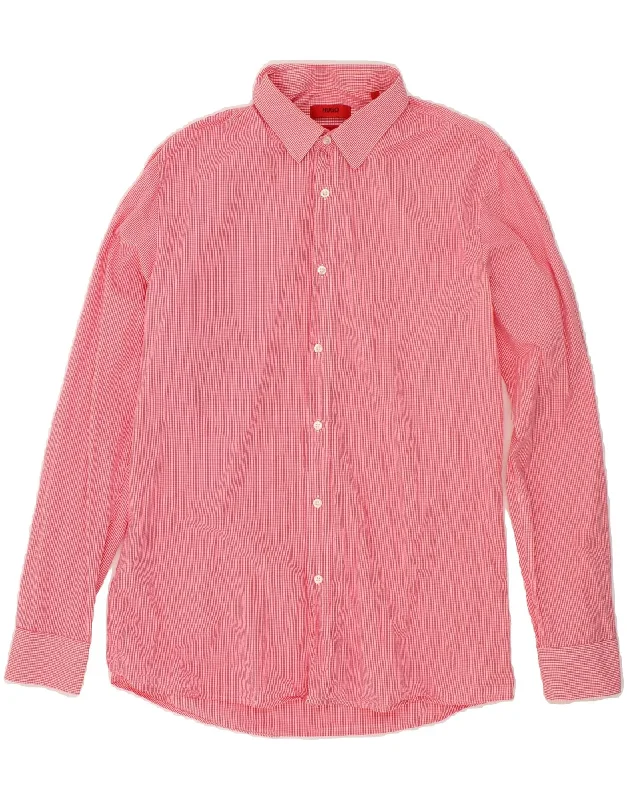 HUGO BOSS Mens Slim Fit Shirt Large Pink Check Cotton-- Collared Crew Neck Turtle Neck HUGO BOSS Mens Slim Fit Shirt Large Pink Check Cotton-- Collared Crew Neck Turtle Neck