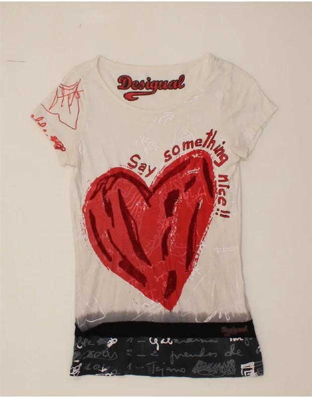 DESIGUAL Womens Graphic T-Shirt Top UK 10 Small White Colourblock Cotton-- Beaded Sequined Faux Fur DESIGUAL Womens Graphic T-Shirt Top UK 10 Small White Colourblock Cotton-- Beaded Sequined Faux Fur
