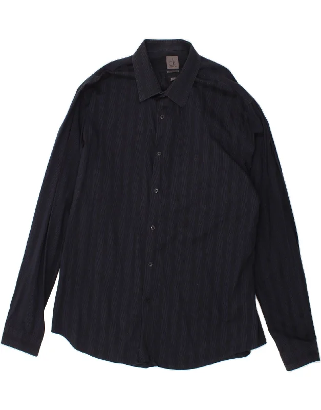 CALVIN KLEIN Mens Fitted Shirt Size 44 17 1/2 XL Navy Blue Striped Cotton-- Modern Contemporary Chic CALVIN KLEIN Mens Fitted Shirt Size 44 17 1/2 XL Navy Blue Striped Cotton-- Modern Contemporary Chic