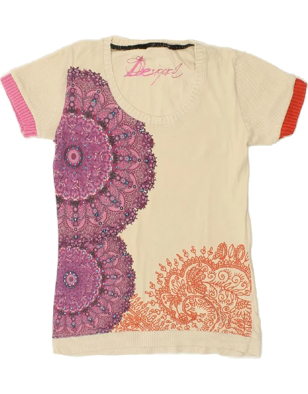 DESIGUAL Womens Graphic T-Shirt Top UK 12 Medium Off White-- Fitted T-Shirt Seamless Stretchy DESIGUAL Womens Graphic T-Shirt Top UK 12 Medium Off White-- Fitted T-Shirt Seamless Stretchy