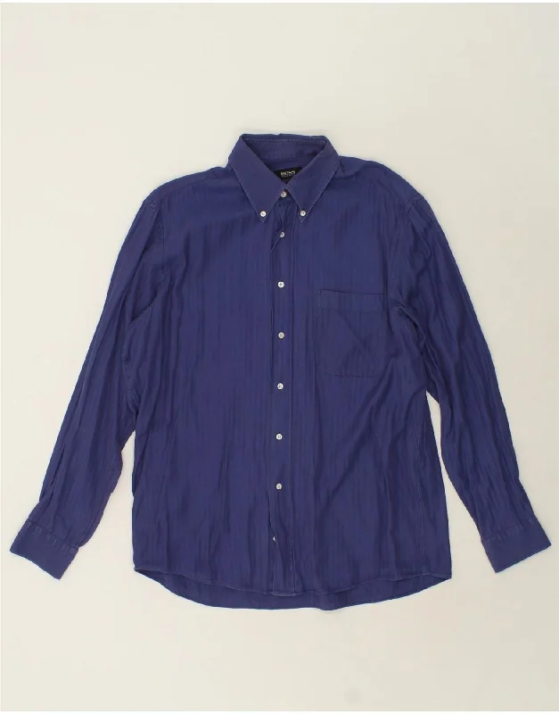 HUGO BOSS Mens Shirt Size 41 16 Large Navy Blue Cotton-- Mesh Fabric Canvas Fabric Denim Fabric HUGO BOSS Mens Shirt Size 41 16 Large Navy Blue Cotton-- Mesh Fabric Canvas Fabric Denim Fabric
