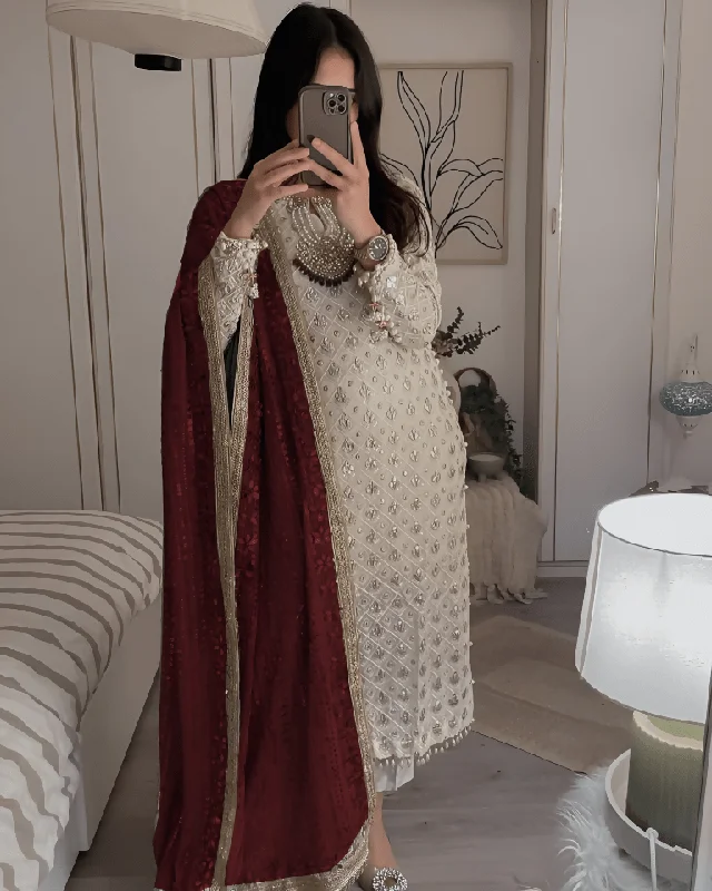 Aastha Fashion Women's Printed Georgette White Marooon Kurti With Pant And Dupatta By Srf Jaipur Cozy Fitted Pants Aastha Fashion Women's Printed Georgette White Marooon Kurti With Pant And Dupatta By Srf Jaipur Cozy Fitted Pants