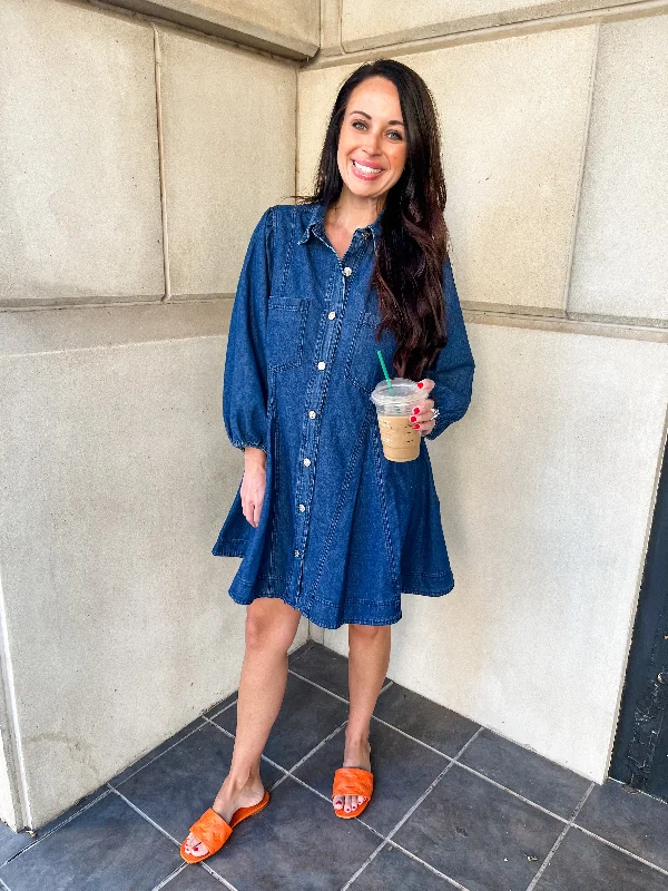 Denim Collared Button Up Mini Dress- Dark Denim Fashionable A-Line Mini Dress