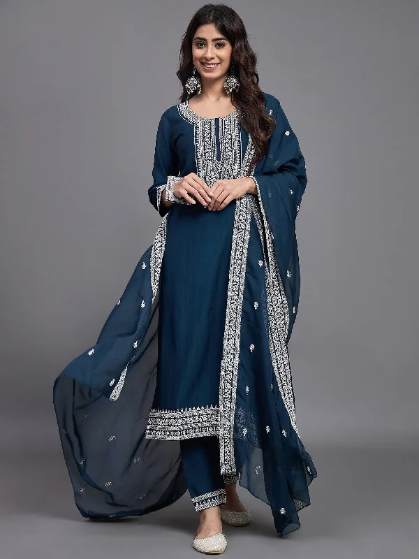 Indian Fashion Women Embroidery A-Line Kurta And Pant set with Dupatta High-Waist Yoga Pants Indian Fashion Women Embroidery A-Line Kurta And Pant set with Dupatta High-Waist Yoga Pants