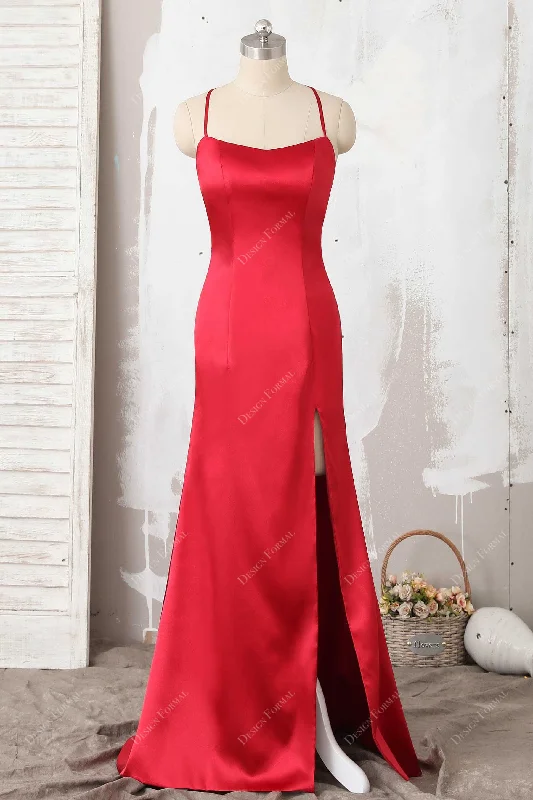 Red Satin Halter Strappy Back Sexy Slit Prom Simple Evening Dress Tunics Sophisticated sleek Red Satin Halter Strappy Back Sexy Slit Prom Simple Evening Dress Tunics Sophisticated sleek