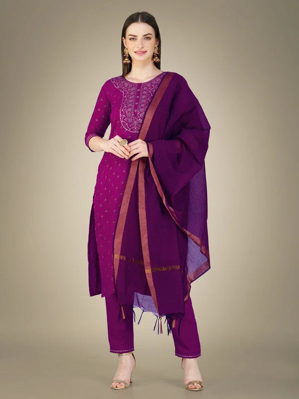 NOZ2TOZ Women Embroidered Cotton Blend Kurta Pant Dupatta Set - Purple Soft Wool Pants NOZ2TOZ Women Embroidered Cotton Blend Kurta Pant Dupatta Set - Purple Soft Wool Pants