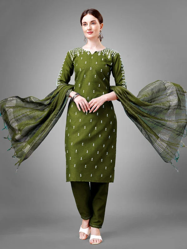 NOZ2TOZ Women Embroidered Cotton Blend Kurta Pant Dupatta Set - Green Sleek Black Pants NOZ2TOZ Women Embroidered Cotton Blend Kurta Pant Dupatta Set - Green Sleek Black Pants