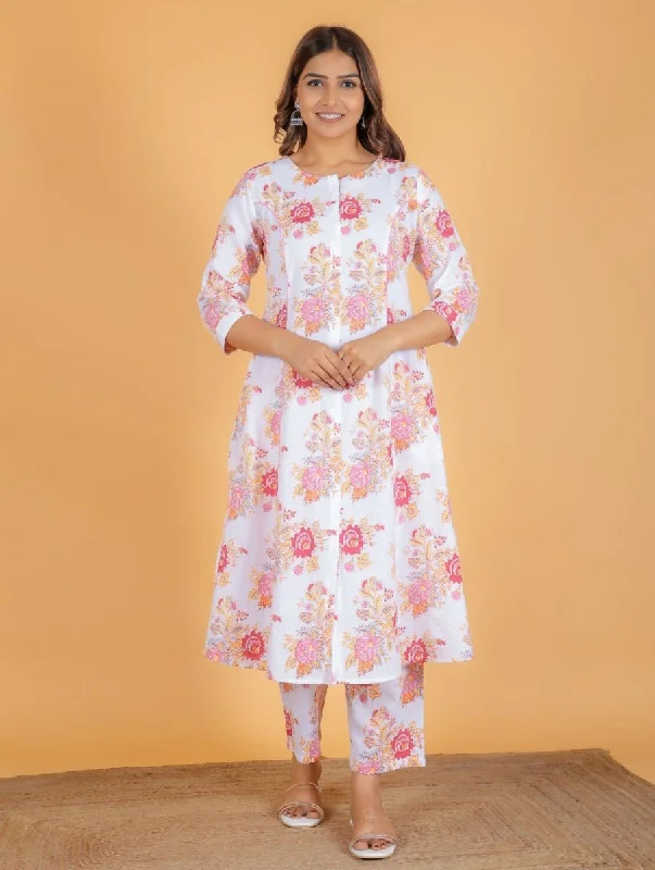 Aramya White Kantha Cotton Floral Print A-line Kurta Pant Set for Women Trendy High-Waist Trousers Aramya White Kantha Cotton Floral Print A-line Kurta Pant Set for Women Trendy High-Waist Trousers