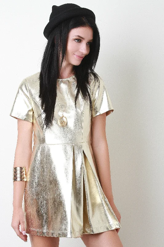 Metallic Side Pleat Mini Dress Comfortable One-Shoulder Mini Dress