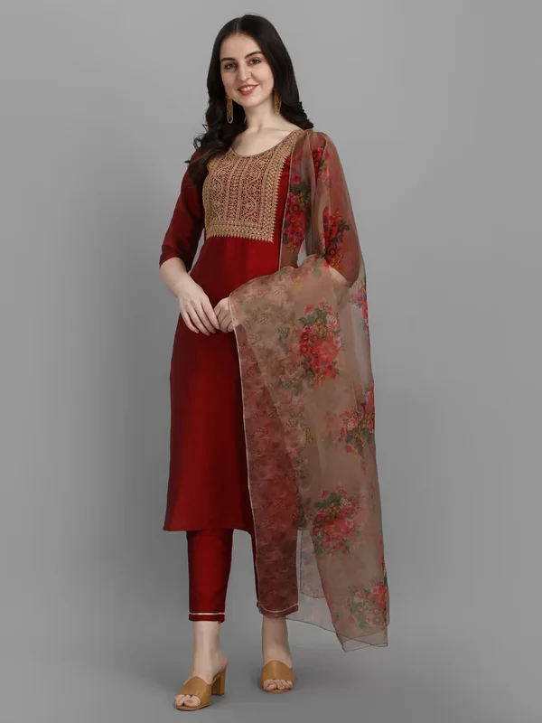 NOZ2TOZ Womens Maroon Cotton Silk Embroidery Kurta Pant Set With Dupatta Casual Yoga Pants NOZ2TOZ Womens Maroon Cotton Silk Embroidery Kurta Pant Set With Dupatta Casual Yoga Pants
