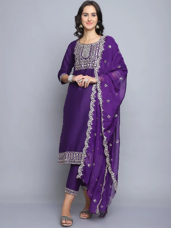 Indian Fashion Women Purple Embroidery silk Kurta And Pant Set With Dupatta Stylish Paperbag Waist Pants Indian Fashion Women Purple Embroidery silk Kurta And Pant Set With Dupatta Stylish Paperbag Waist Pants