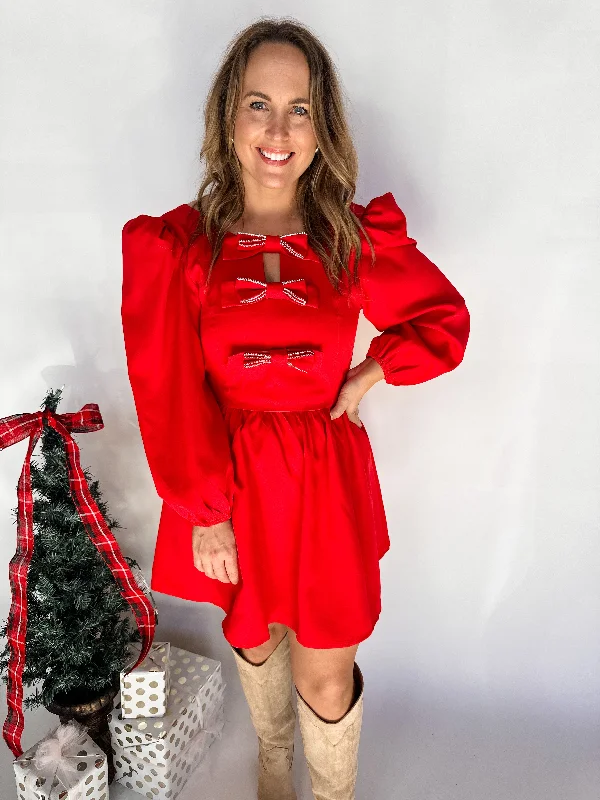 Bow Detail Mini Dress- Red Elegant Satin Lace Mini Dress