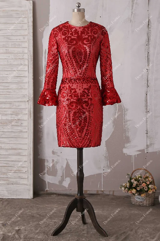 Unique Pattern Sequin Bell Sleeves Cocktail Dress Tunics Brand named