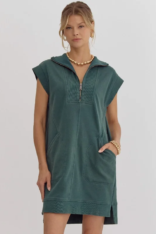 Solid Mock Neck Sleeveless Mini Dress- Forest Trendy Bodycon Mini Dress