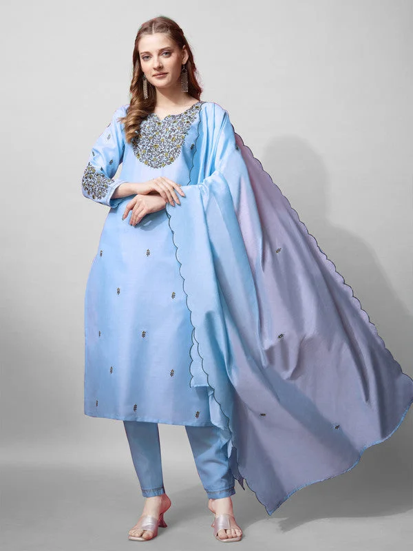 NOZ2TOZ Womens Sky Blue Embroidered Cotton Blend Kurta Pant Set With Dupatta Comfortable Jogging Pants