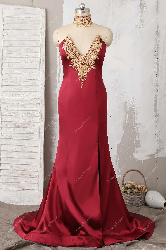 Gold Lace Burgundy Satin Choker Mermaid Dress Tunics Luxurious premium