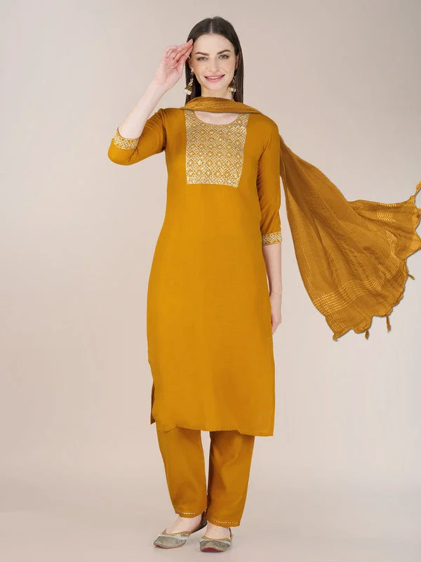 NOZ2TOZ Womens Embroidered Yellow Cotton Blend Kurta Pant Set Elegant Silk Pants