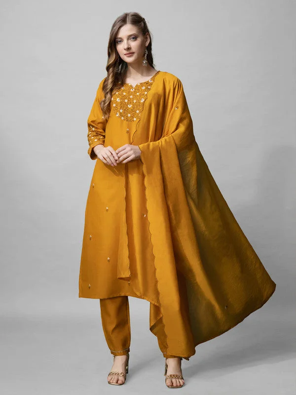 NOZ2TOZ Womens Mustard Embroidered Cotton Blend Kurta Pant Set With Dupatta Cozy Jogger Leggings NOZ2TOZ Womens Mustard Embroidered Cotton Blend Kurta Pant Set With Dupatta Cozy Jogger Leggings