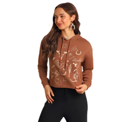 Women's Brown Aztec Graphic Hoodie By Panhandle - AW94T05647 Hoodie with Mock Neck Collared Structured Women's Brown Aztec Graphic Hoodie By Panhandle - AW94T05647 Hoodie with Mock Neck Collared Structured
