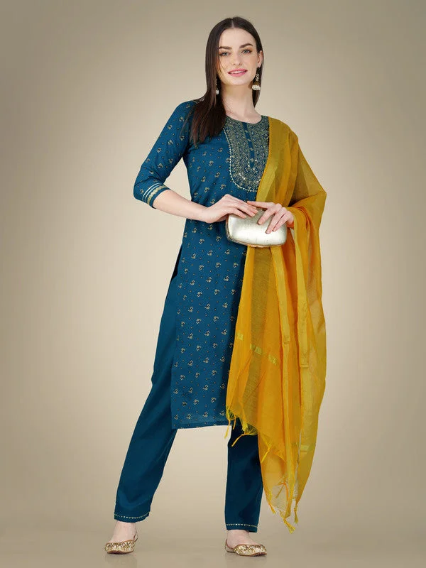 NOZ2TOZ Women Embroidered Cotton Blend Kurta Pant Dupatta Set - Blue Chic Faux Leather Pants NOZ2TOZ Women Embroidered Cotton Blend Kurta Pant Dupatta Set - Blue Chic Faux Leather Pants