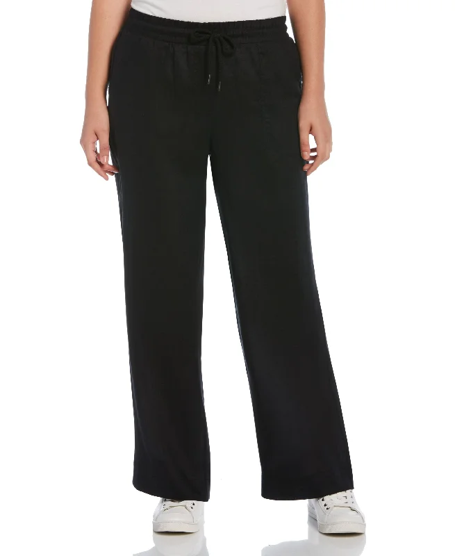 Petite Wide Leg Drawstring Linen Pant Chic Black Leggings