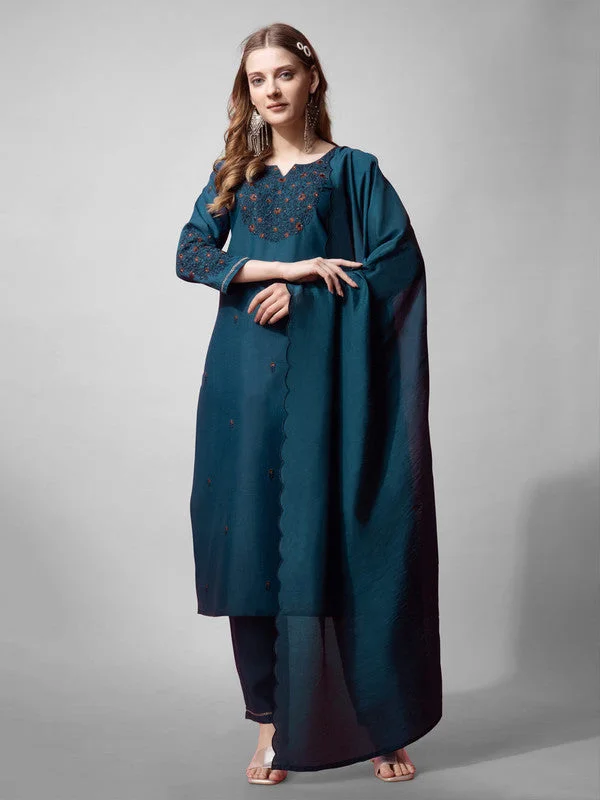 NOZ2TOZ Womens Morpich Embroidered Cotton Blend Kurta Pant Set With Dupatta Casual Lounge Pants