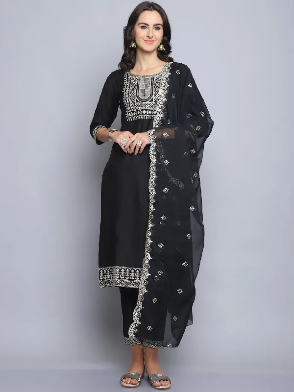 Indian Fashion Women Black Embroidery silk Kurta And Pant Set With Dupatta Chic Wool Trousers Indian Fashion Women Black Embroidery silk Kurta And Pant Set With Dupatta Chic Wool Trousers