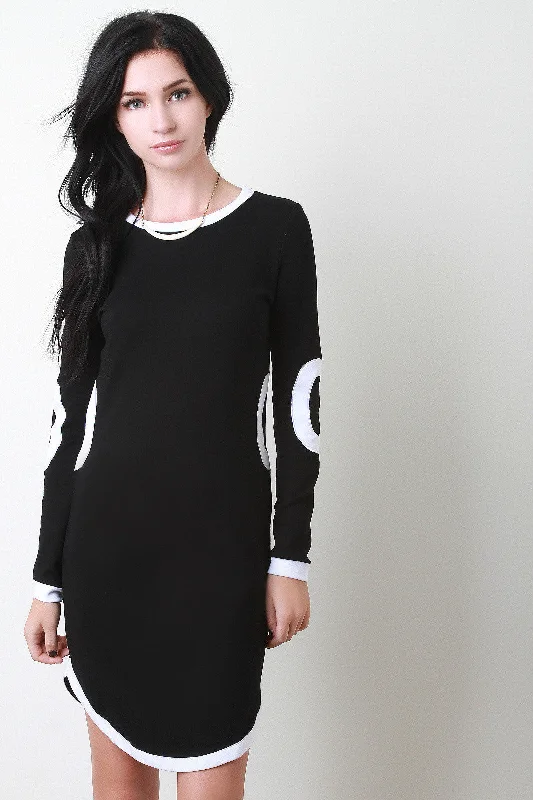 O Patch Contrast Long Sleeves Mini Dress Trendy Button-Detail Mini Dress