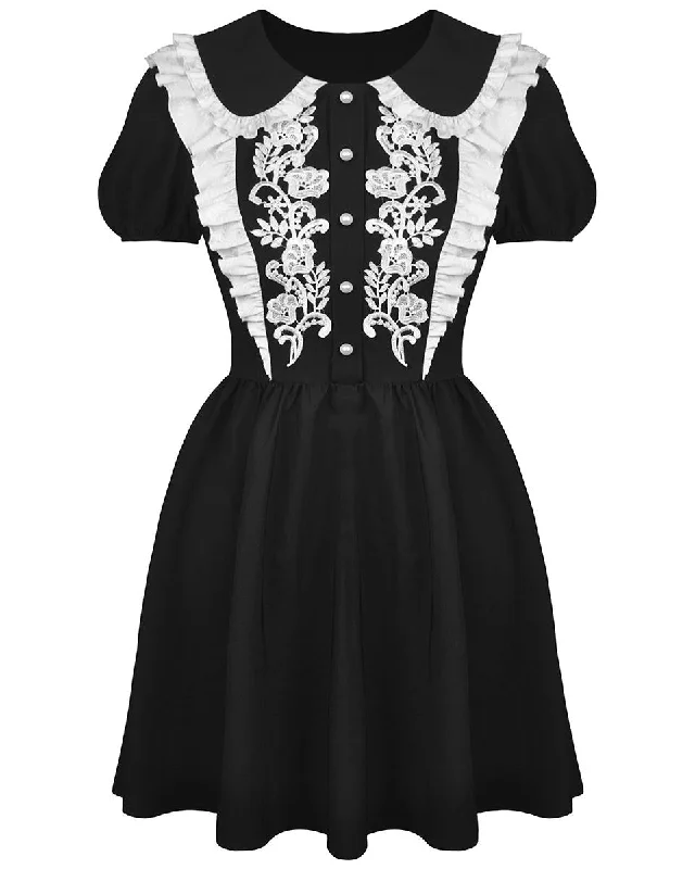 Dark In Love Gothic Lolita Floral Applique Mini Dress Casual Button-Up Mini Dress