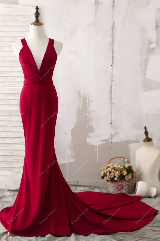 Burgundy Jersey Plunging V-neck Versatile Mermaid Elegant Dress sweetheart Neckline Romantic Burgundy Jersey Plunging V-neck Versatile Mermaid Elegant Dress sweetheart Neckline Romantic