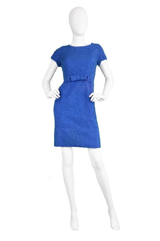 Preowned Blue Bouclé Wool Mini Dress, 1960s Classic White Mini Dress