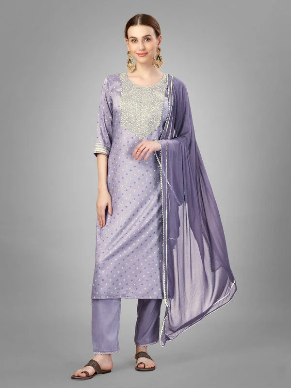 NOZ2TOZ Women Embroidered Silk Blend Kurta Pant Dupatta Set - Lavender Trendy High-Waist Trousers NOZ2TOZ Women Embroidered Silk Blend Kurta Pant Dupatta Set - Lavender Trendy High-Waist Trousers