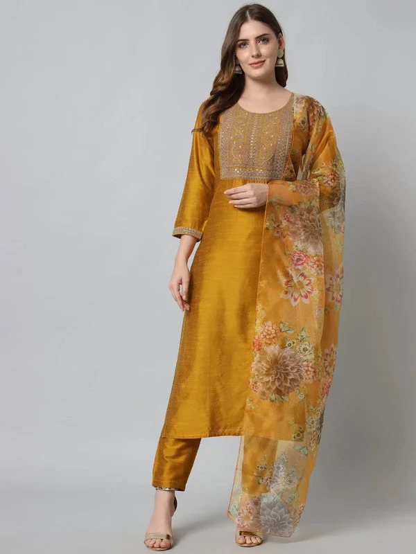 NOZ2TOZ Womens Mustard Cotton Silk Embroidery Kurta Pant Set With Dupatta Soft Sweatpants Style NOZ2TOZ Womens Mustard Cotton Silk Embroidery Kurta Pant Set With Dupatta Soft Sweatpants Style