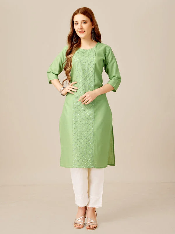 NOZ2TOZ Women Embroidered Cotton Blend Kurta Pant Set - Light Green Casual Skinny Fit Pants NOZ2TOZ Women Embroidered Cotton Blend Kurta Pant Set - Light Green Casual Skinny Fit Pants