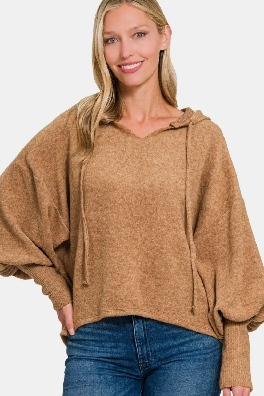 Cozy Camel Brushed Hacci Cropped Hoodie with Drop Shoulder Hoodie with Drawstring Waist Adjustable Fitted Cozy Camel Brushed Hacci Cropped Hoodie with Drop Shoulder Hoodie with Drawstring Waist Adjustable Fitted