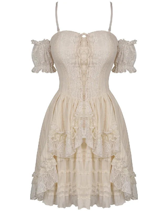 Dark In Love Frilled Lace Steampunk Mini Dress - Vintage Off-White Fashionable Button-Front Mini Dress Dark In Love Frilled Lace Steampunk Mini Dress - Vintage Off-White Fashionable Button-Front Mini Dress
