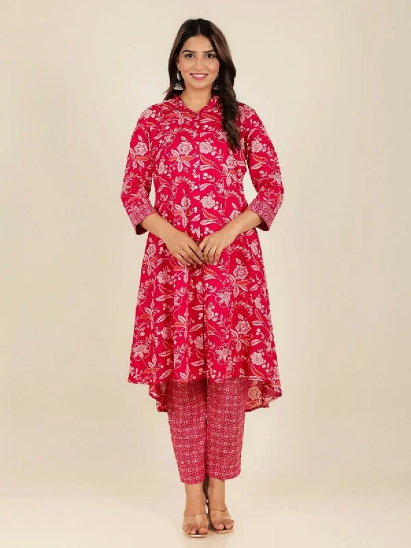 Aramya Red Soft Cotton Floral Print High Low Kurta Pant Set for Women Comfy Cargo Trousers Aramya Red Soft Cotton Floral Print High Low Kurta Pant Set for Women Comfy Cargo Trousers
