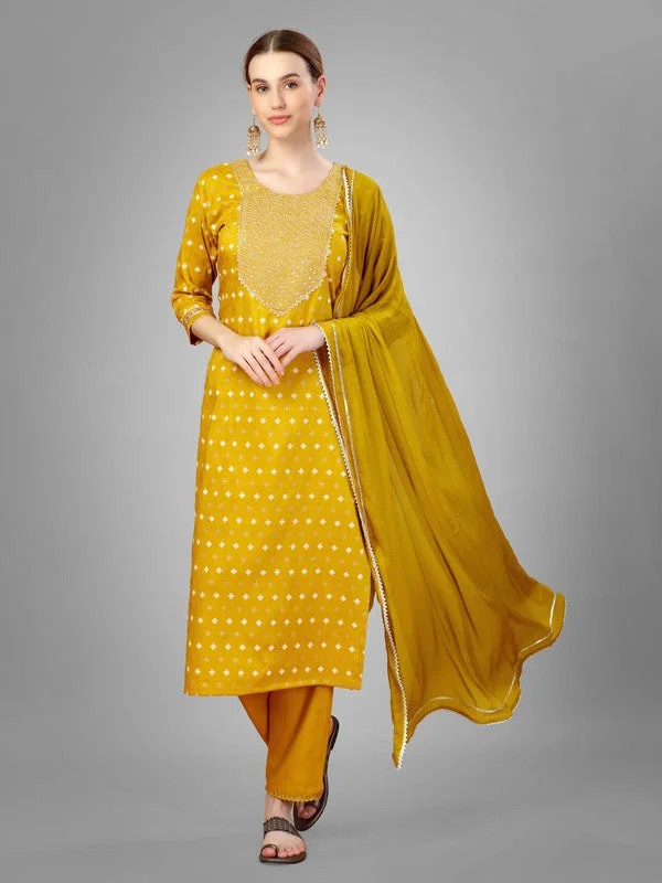 NOZ2TOZ Women Embroidered Silk Blend Kurta Pant Dupatta Set - Golden Casual Plaid Pants NOZ2TOZ Women Embroidered Silk Blend Kurta Pant Dupatta Set - Golden Casual Plaid Pants