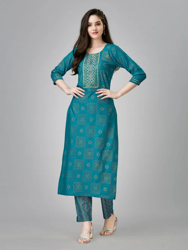NOZ2TOZ Women Embroidered Rayon Kurta Pant Set - Blue Trendy High-Waist Trousers
