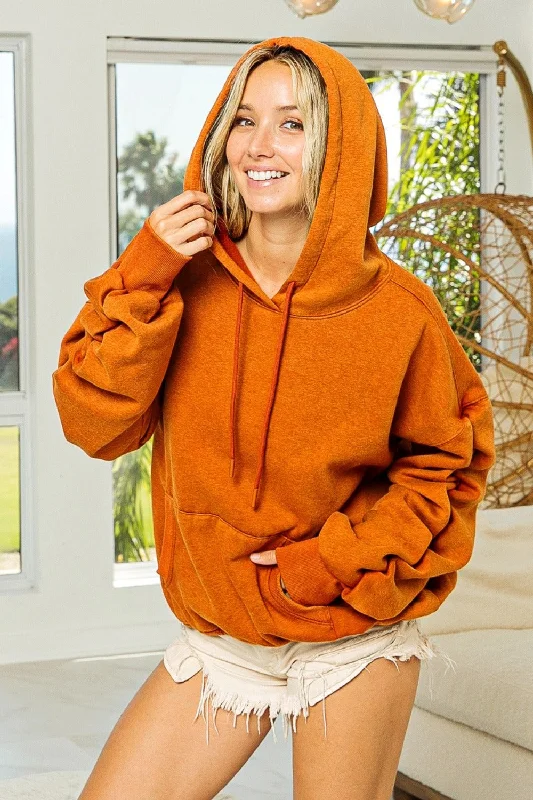 Vintage Rust Ruched Long Sleeve Washed Fleece Hoodie Hoodie with Button Placket Classic Preppy Vintage Rust Ruched Long Sleeve Washed Fleece Hoodie Hoodie with Button Placket Classic Preppy