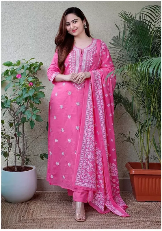 NOZ2TOZ Women's Viscose Floral Embroidered Straight Kurta Pant With Dupatta - Pink Comfortable Denim Trousers NOZ2TOZ Women's Viscose Floral Embroidered Straight Kurta Pant With Dupatta - Pink Comfortable Denim Trousers