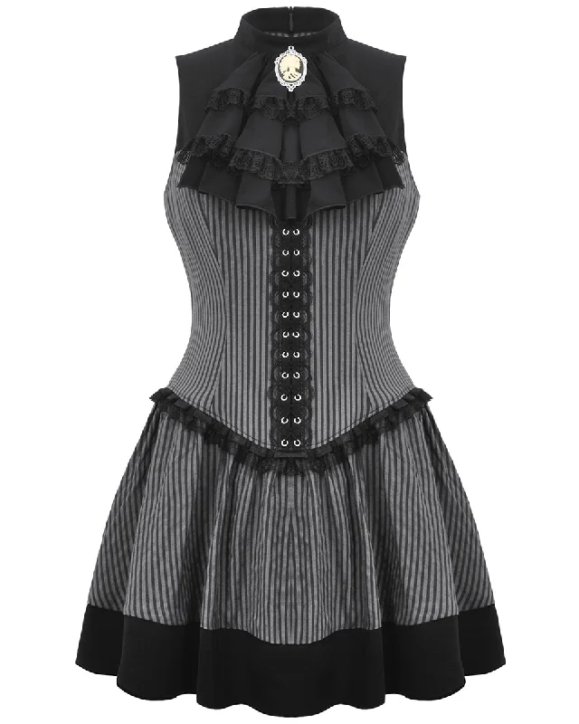 Dark In Love Dark Preppy Corporate Gothic Lace Cravat Pinstripe Mini Dress - Grey & Black Stylish Button-Down Mini Dress
