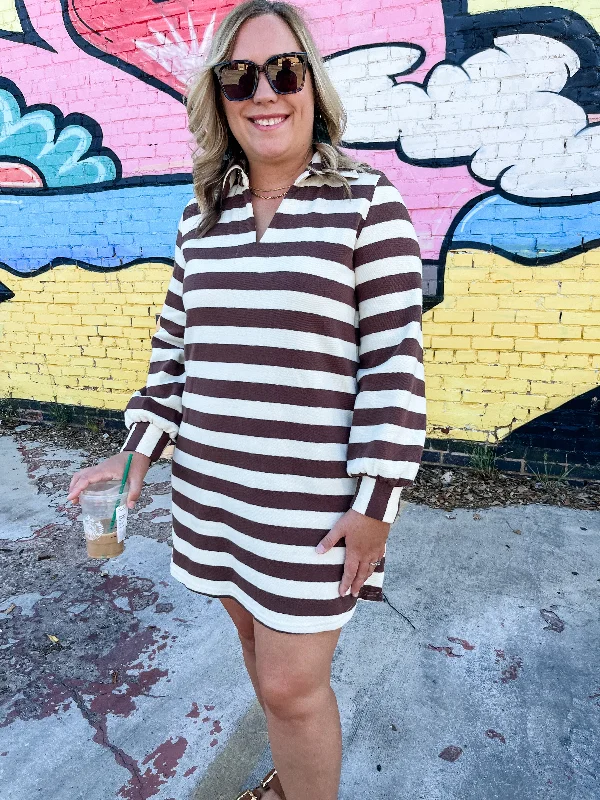 Stripe Print V-neck Long Sleeve Mini Dress- Espresso Elegant Lace-Up Mini Dress