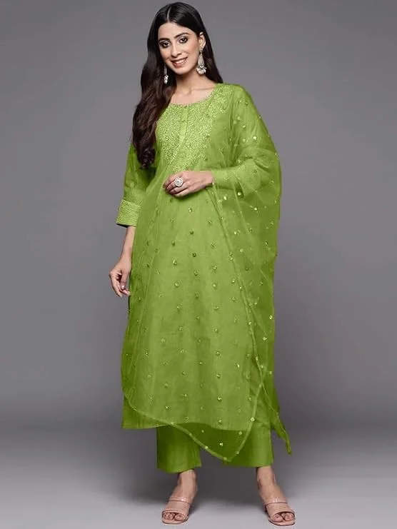 NOZ2TOZ Womens Green Poly Silk Embroidery Kurta Pant Set With Dupatta Classic Pleated Pants NOZ2TOZ Womens Green Poly Silk Embroidery Kurta Pant Set With Dupatta Classic Pleated Pants