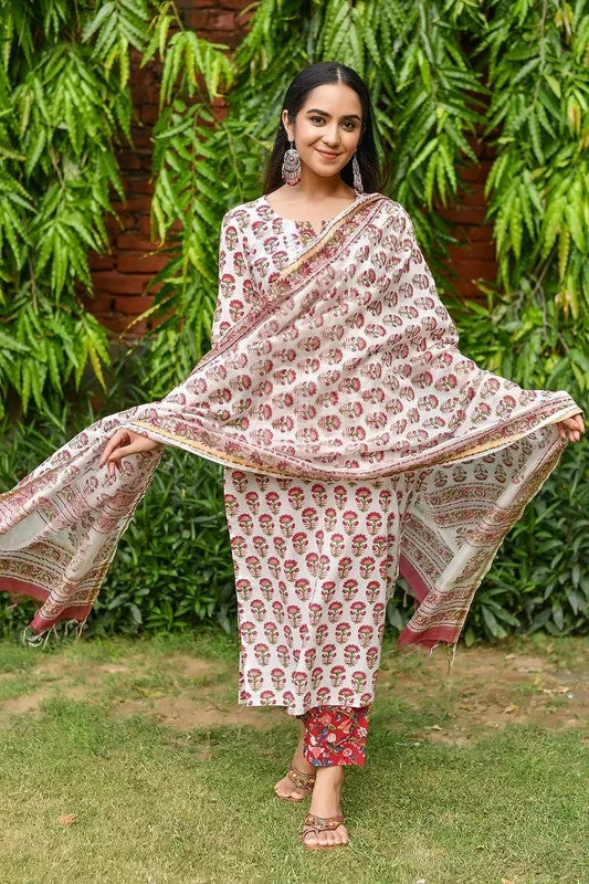 NOZ2TOZ Womens Cotton Blend Kurta Pant Set With Dupatta - Red Trendy Printed Pants